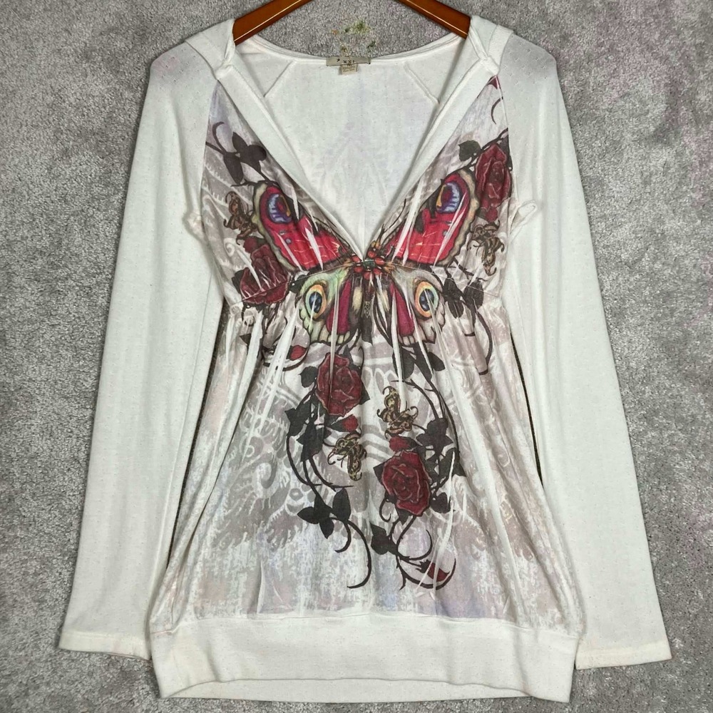 Vintage XXI Forever 21 Butterfly Rose Graphic Hoodie Tunic Top White Y2K Medium